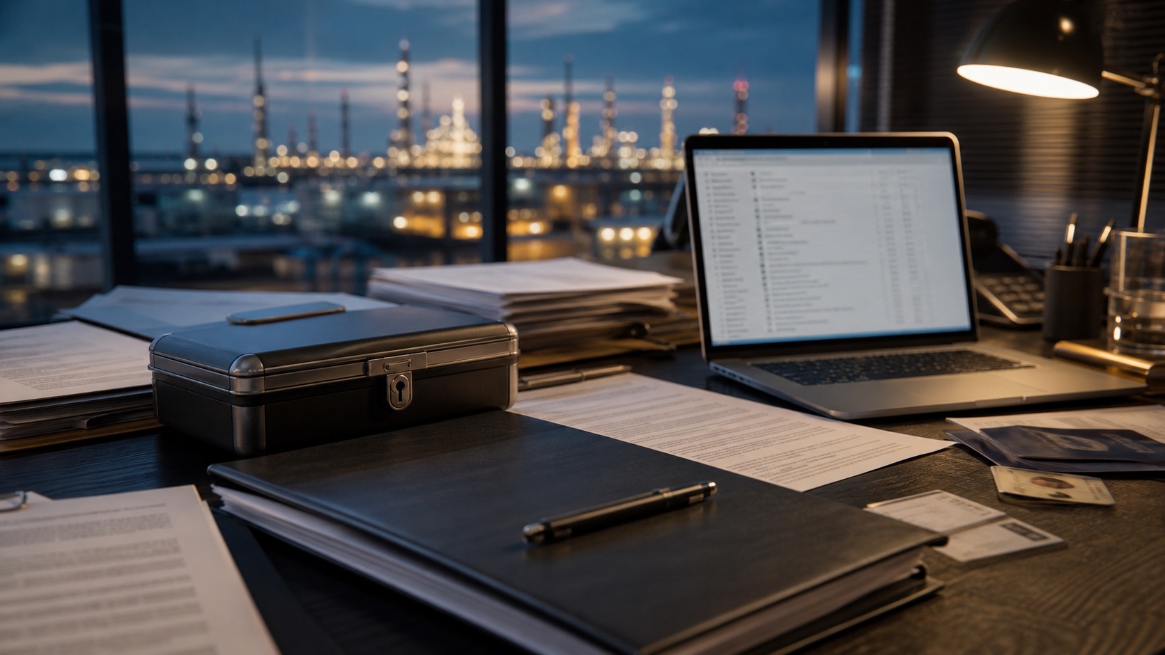 Compliance review desk with due diligence files and refinery lights