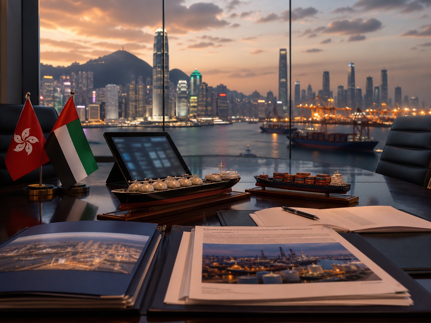 Executive commodity trading office overlooking Hong Kong port with UAE market documents