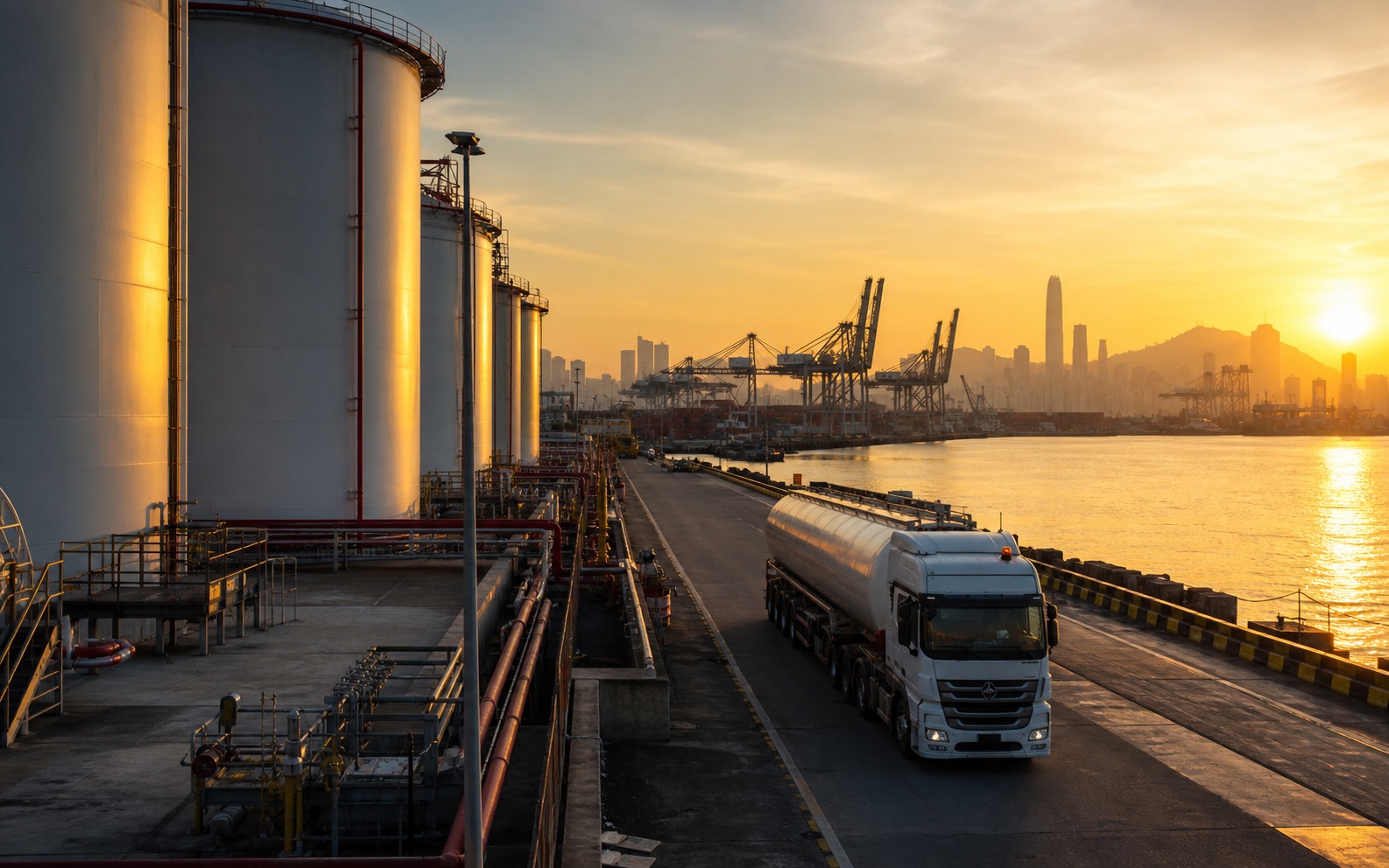 Fuel logistics terminal and tanker truck at a port during golden hour