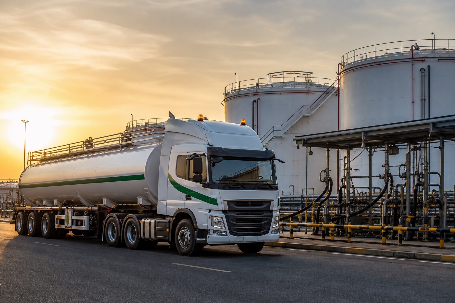Fuel depot with tanker truck and storage tanks