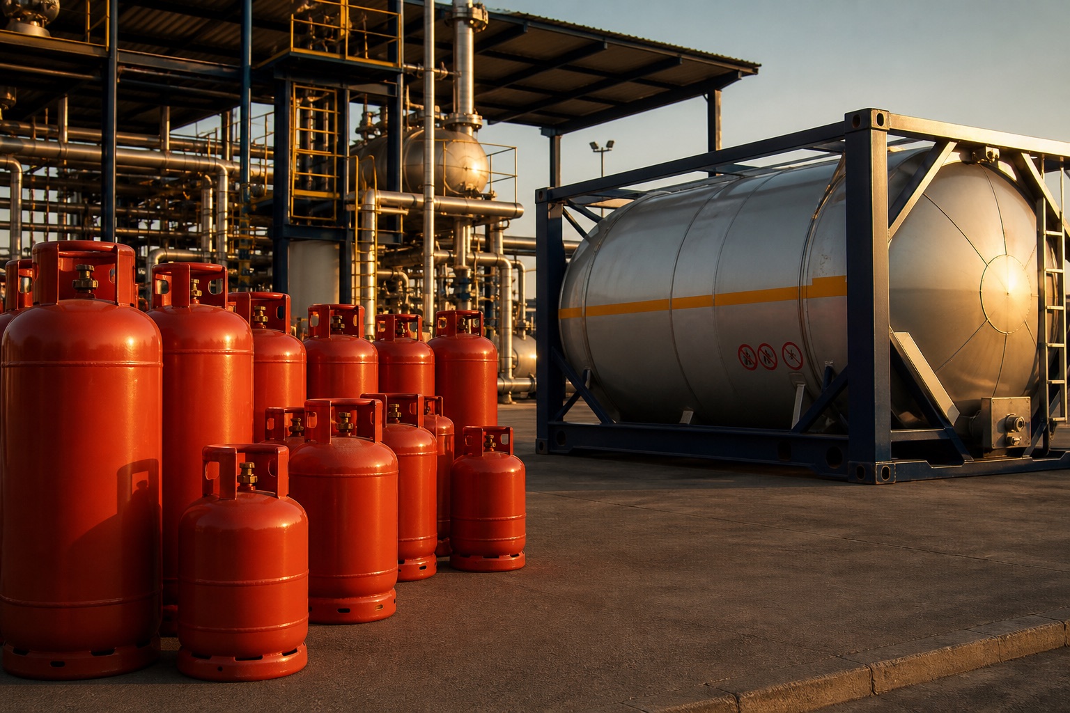 LPG cylinders and ISO tank container in a gas distribution yard