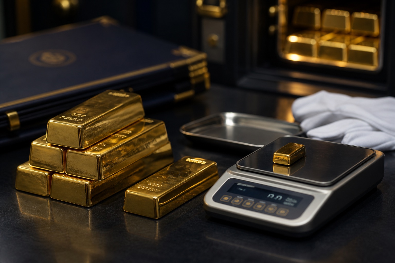 Gold bars on an assay desk with precision scale