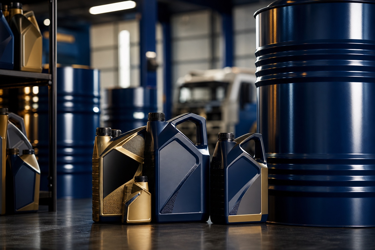 Lubricant bottles and industrial drums in a warehouse